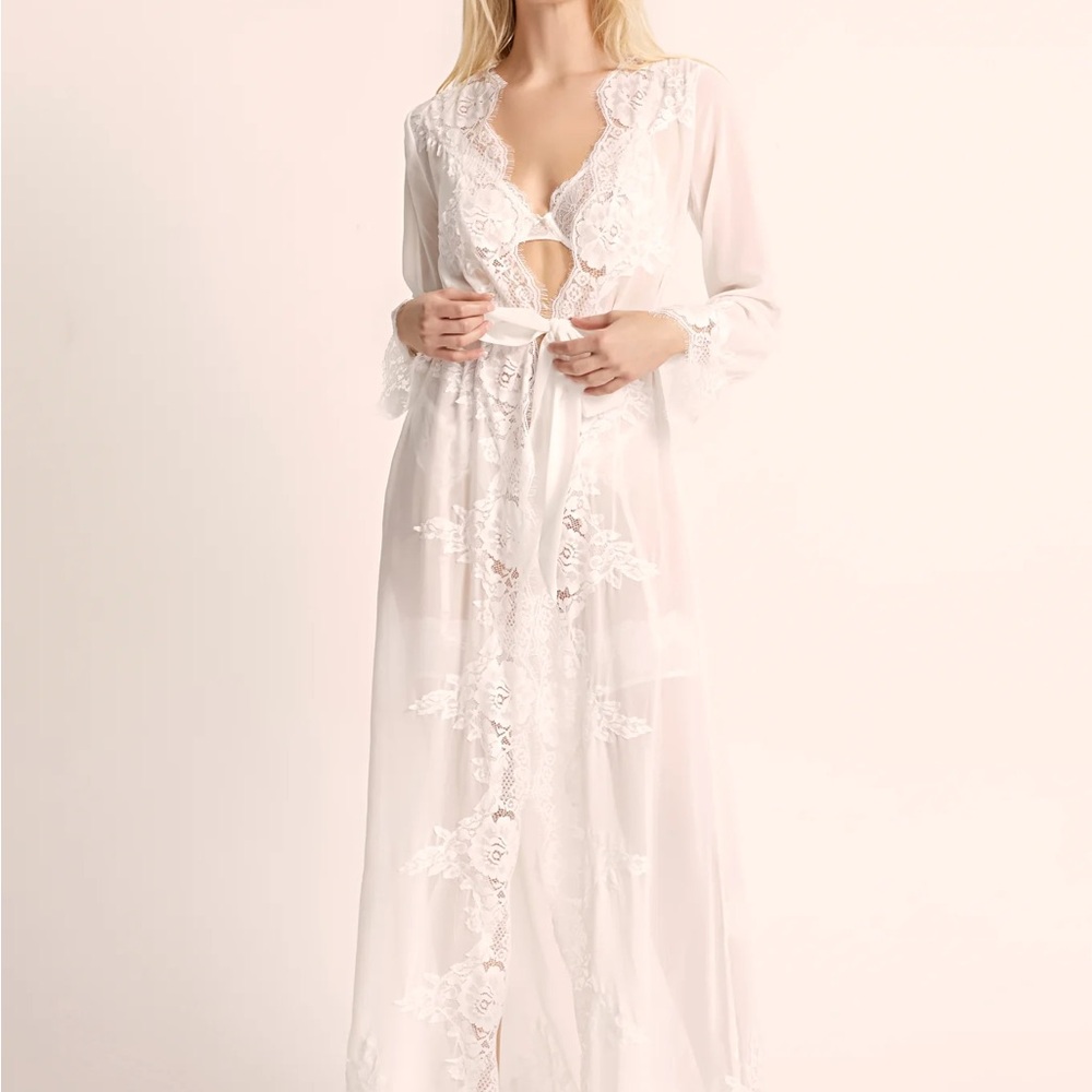 Bridal Sheer Lace-Trim Long Getting Ready Robe in White